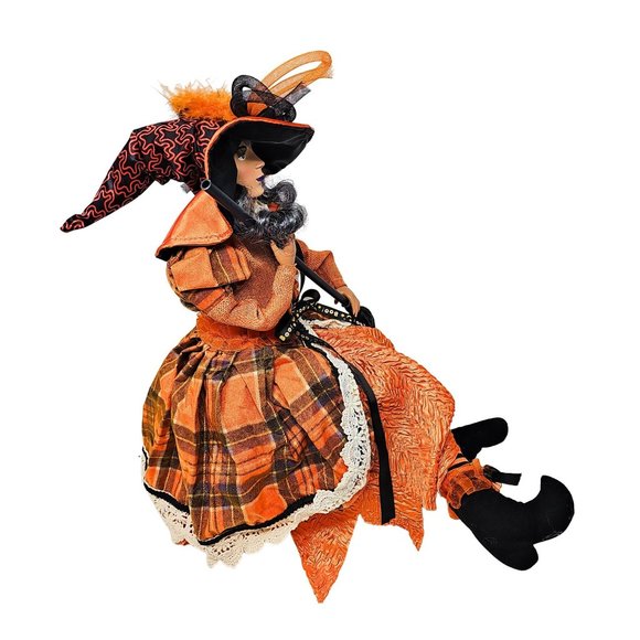24" Halloween Gray-Haired Witch with Orange Dress and Black Broom, Party Decor W - Picture 2 of 4